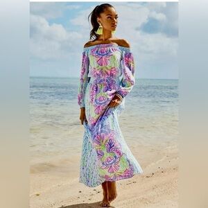 LILLY PULITZER SIZE XXS BRIA MAXI Off The Shoulder DRESS *SHELLABRATION* RARE🦄